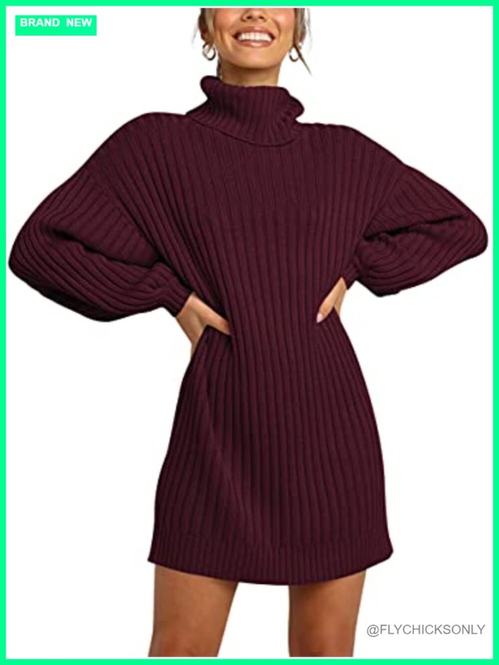 Oversized Cowl Neck Knit Sweater Dress Batwing Long Sleeve